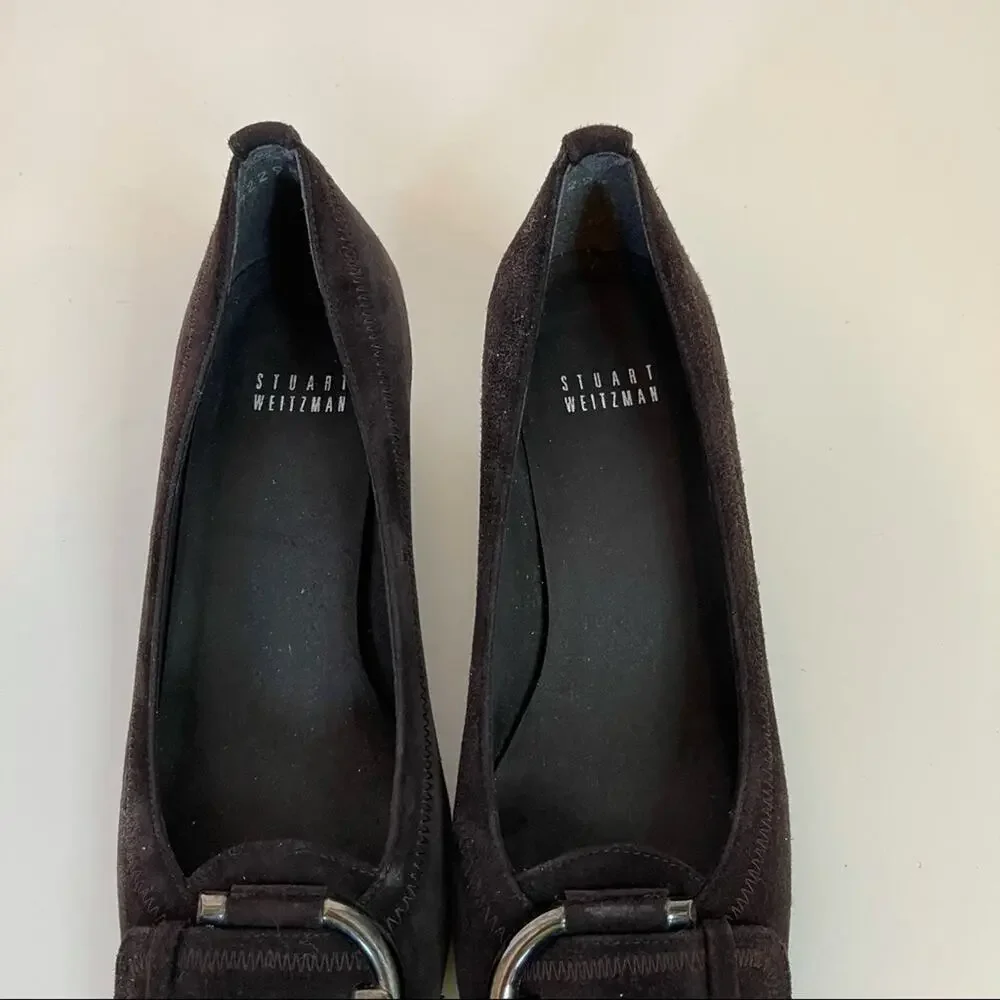 Stuart Weitzman Brown Suede Leather Buckle Wedge Shoes Women's Round Toe Size 6 - Picture 5 of 9